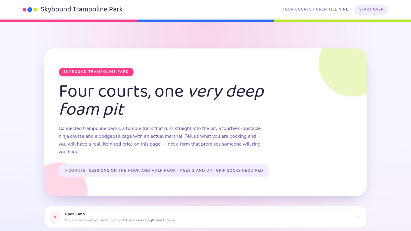 Trampoline park party booking form template preview
