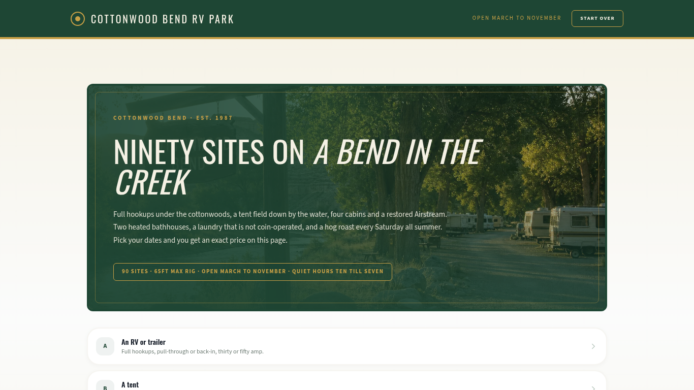 RV park & campground booking form template preview