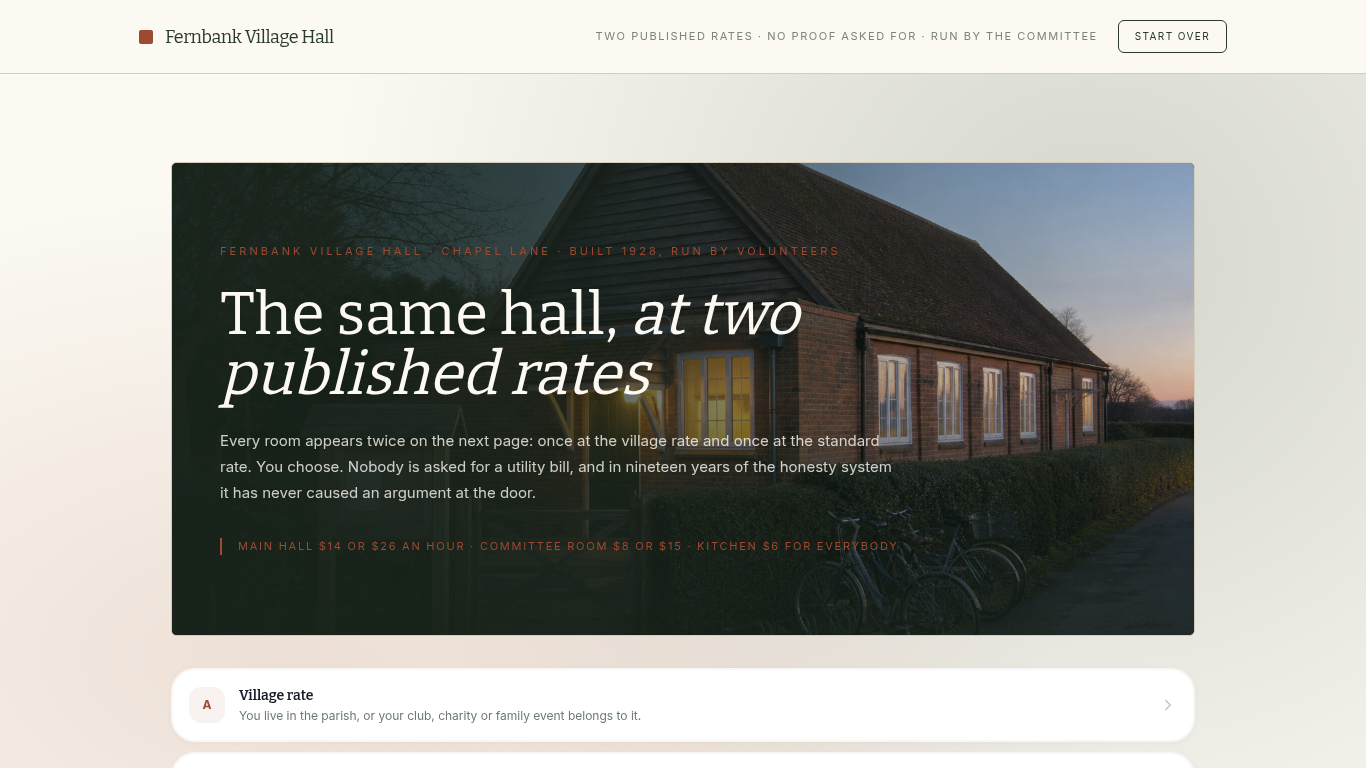 Village hall rental booking form template preview