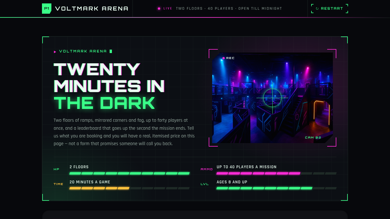 Voltmark Arena: the funnel's first screen