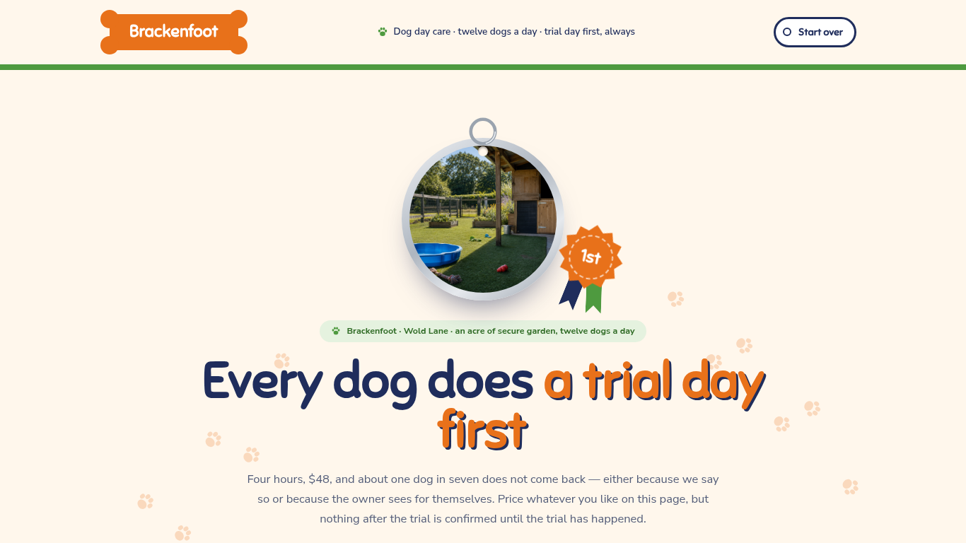 Brackenfoot Dog Day Care: the funnel's first screen