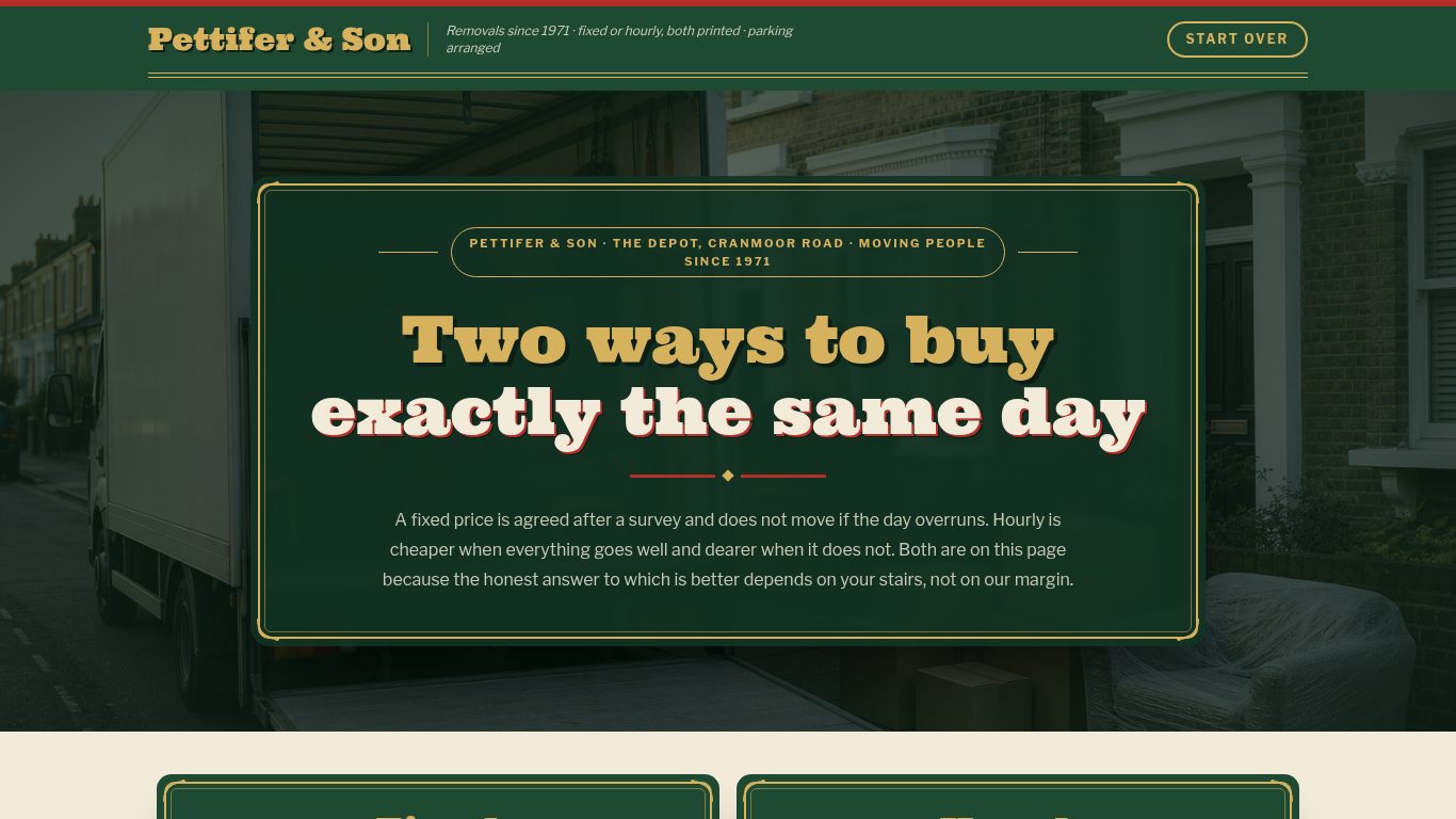 Pettifer and Son Removals: the funnel's first screen