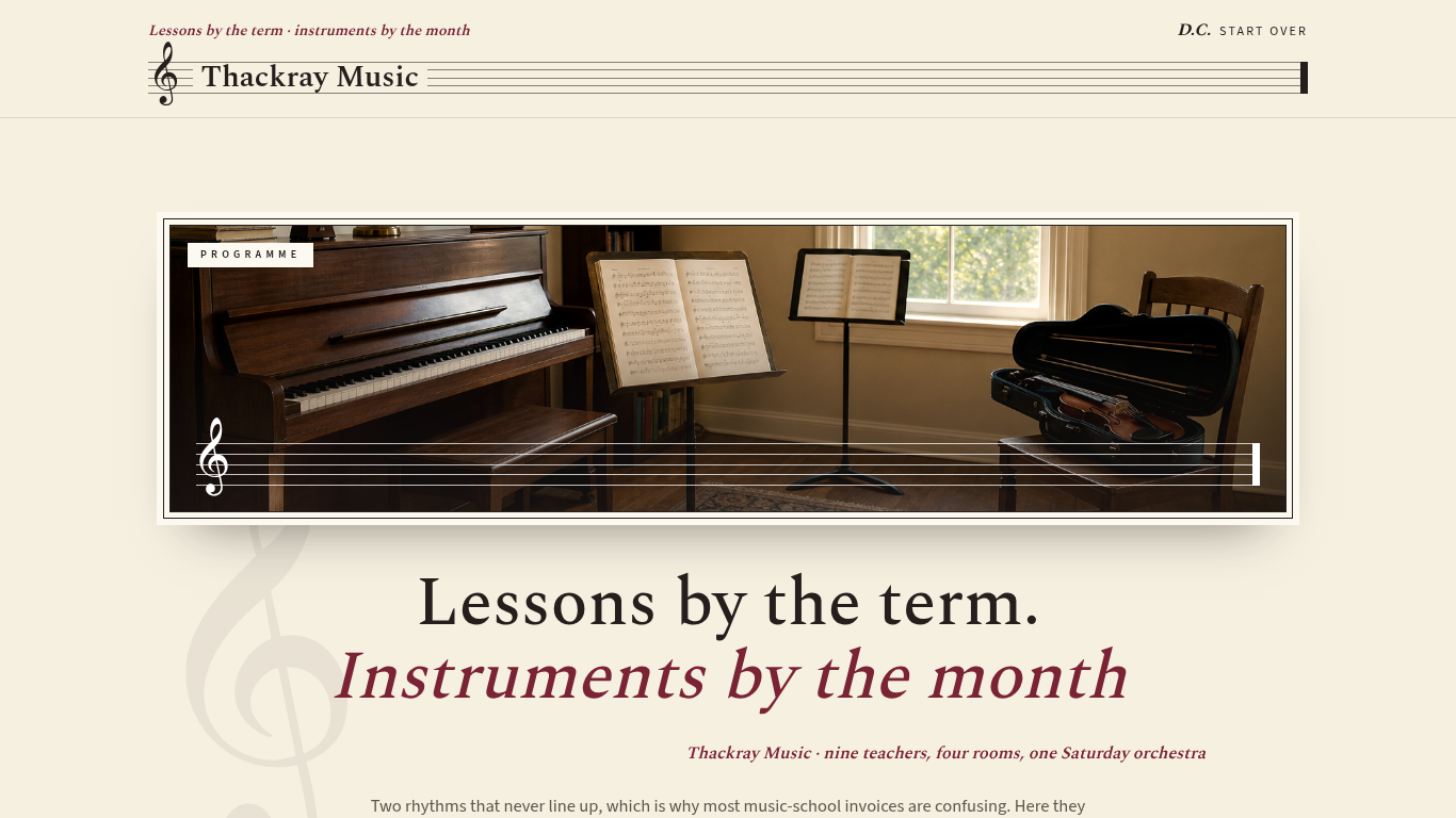 Thackray Music School: the funnel's first screen