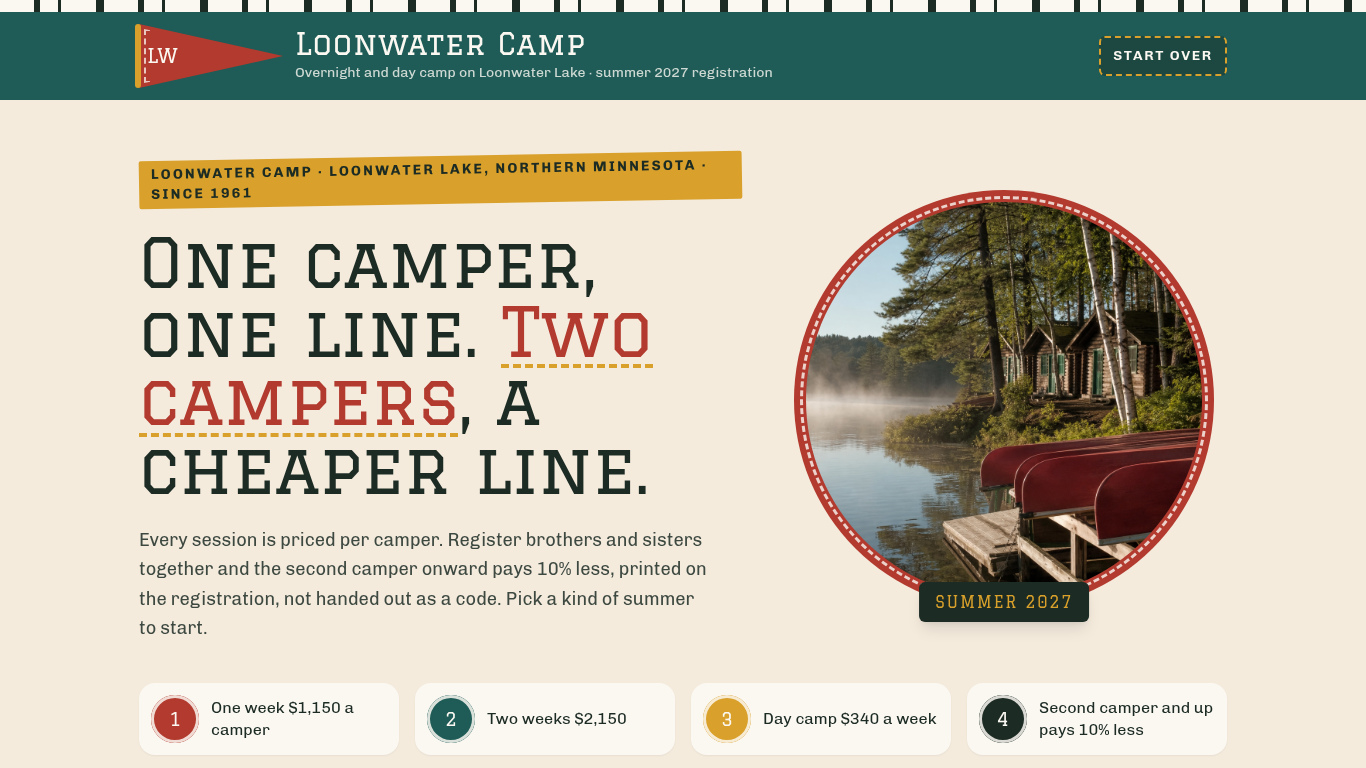 Loonwater Camp: the funnel's first screen