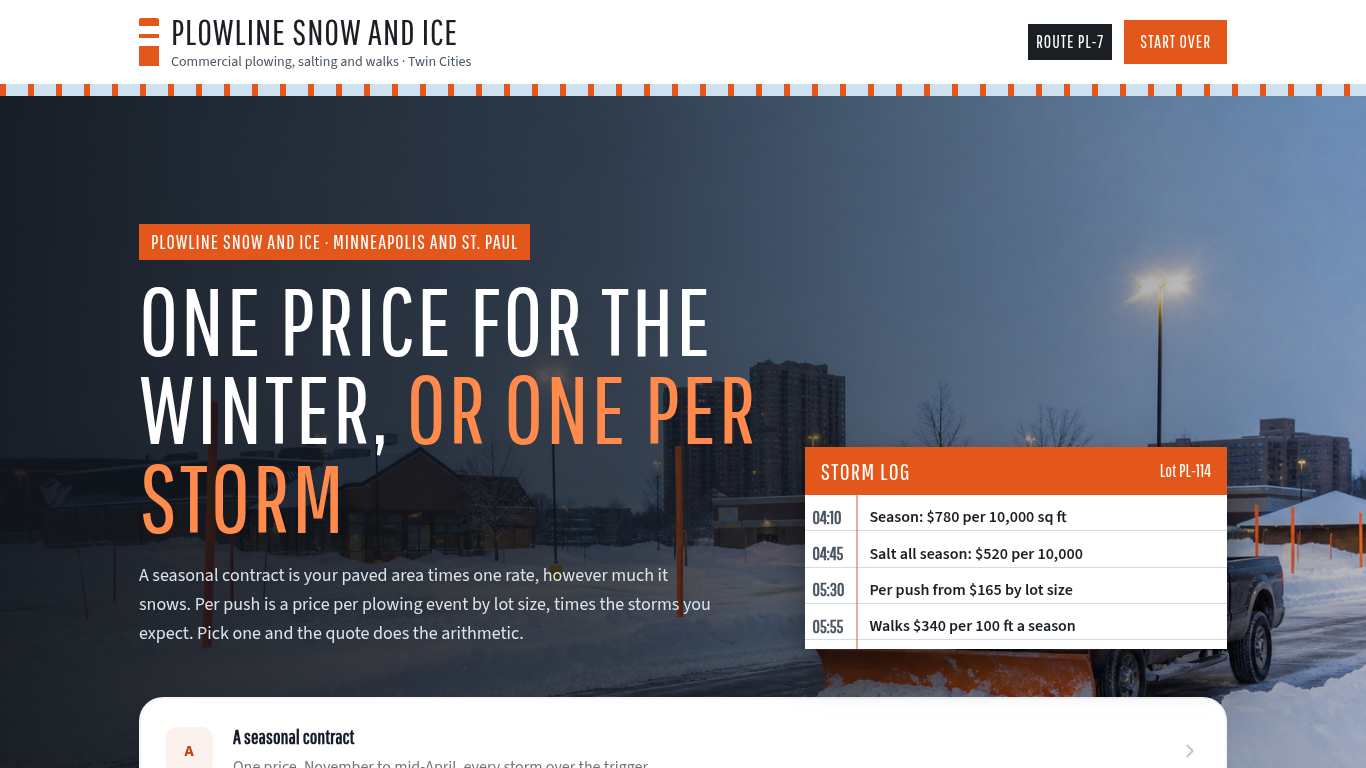 Plowline Snow and Ice: the funnel's first screen