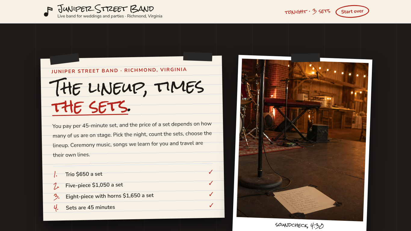 Juniper Street Band: the funnel's first screen